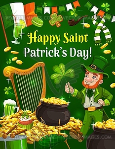 Patricks day leprechaun with gold and bagpipes - vector clipart