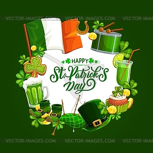 Green leprechaun hat, Patricks Day shamrock, gold - vector image