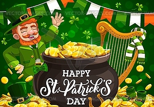 St Patricks Day leprechaun with gold pot, shamrock - vector image