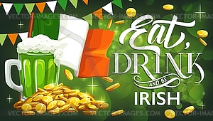 Patricks Day пиво, гном золотой и ирландский флаг - векторный клипарт Royalty-Free
