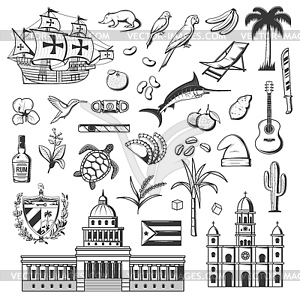 Иконы Кубы, достопримечательности Гаваны и известные предметы - изображение в векторном виде