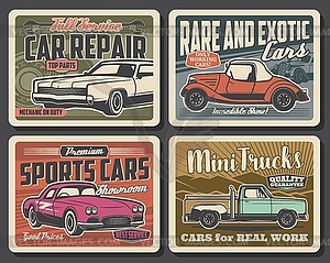Auto service, vintage cars repair and showroom - vector image