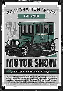 Retro vehicles repair garage, vintage motors show - vector image