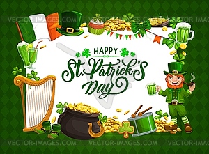 St Patrick day, Irish holiday Celtic luck symbols - vector clipart