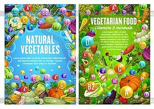 Vegetarian food, vegetables and veggies vitamins - vector image