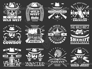 Cowboys, skulls and sheriffs with hats. Wild West - vector clip art