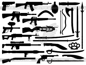 Weapon, gun, knife, rifle and shotgun silhouettes - vector clipart