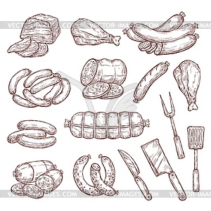Meat sausages, ham, salami and butcher knife - royalty-free vector image