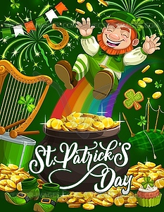 Leprechaun with rainbow, pot of gold. Patricks Day - vector image