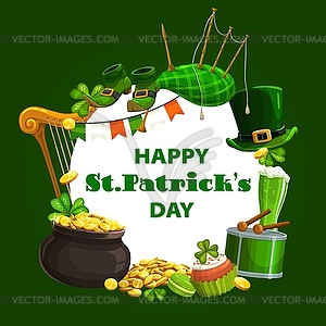 St Patrisk shamrock, Irish leprechaun pot of gold - vector clipart