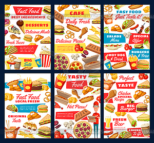 Fast food pizza, hamburger, fries, hot dog, soda - vector clipart
