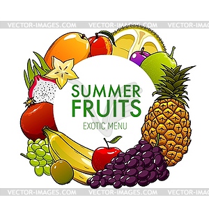 Exotic and tropical fruits of mango, apple, grapes - vector image