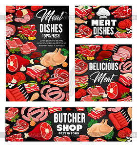 Мясные колбаски, говяжьи и свиные стейки, ветчина, салями - векторный клипарт
