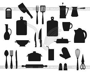 Cooking pot, spoon, fork, knives. Kitchen utensils - vector image