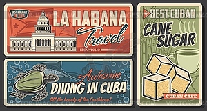 Cuban flag, Havana travel landmark and diving mask - vector image