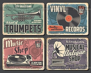 Music instruments, vinyl records, musical notes - vector image