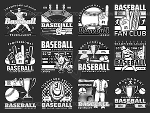 Baseball players with bats, balls and trophy cups - vector clipart