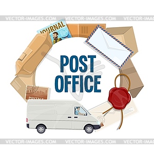 Parcel, letter, postage stamp, mail delivery truck - vector EPS clipart