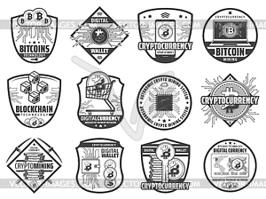 Биткойн майнинг и блокчейн. криптовалюта - векторное графическое изображение