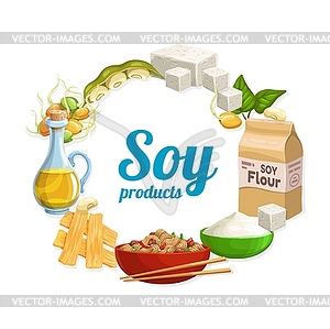 Soy beans, tofu, oil and flour, meat and noodles - vector clipart