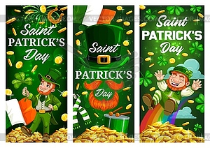 Patricks Day leprechaun, green clover and gold - vector clipart