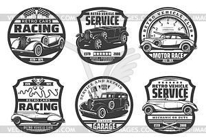 Retro cars, wrench, spanner and engine pistons - royalty-free vector clipart