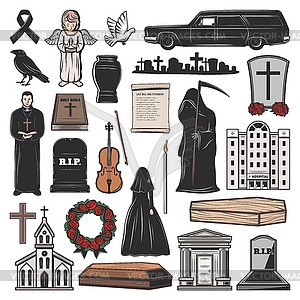 Похоронный гроб, могила, свеча и крест надгробия - векторное изображение