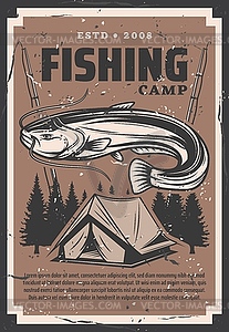 Fishing rods and fish, tourist or fisherman tent - vector clipart