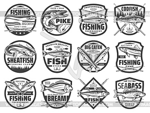 Fishing rods, fish and hooks. Fisherman club - vector clip art