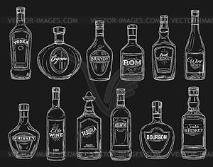 Wine, tequila, vodka, cognac alcohol drink bottles - vector clipart