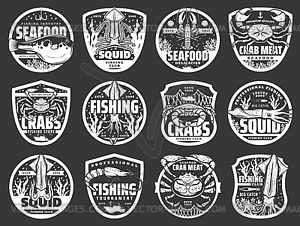 Fishing boats, fish and seafood, nets and hooks - vector image