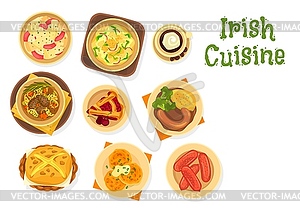 Irish food of meat and veggies, bread, cherry pie - vector EPS clipart