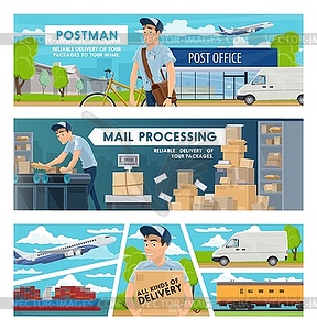 Postmen, post office and parcels. Mail delivery - vector image