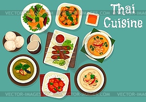 Thai seafood soup, grilled meat, coconut dessert - vector image