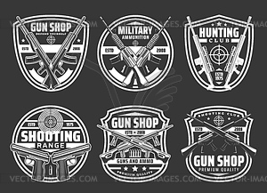 Guns, ammo and rifles, weapon bullets and targets - vector clip art