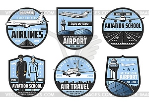 Airport, planes, flight tickets, pilot and aircrew - royalty-free vector image