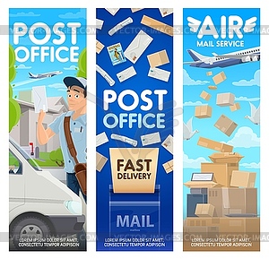 Postman, letter, parcels and mailbox, plane, truck - vector clipart