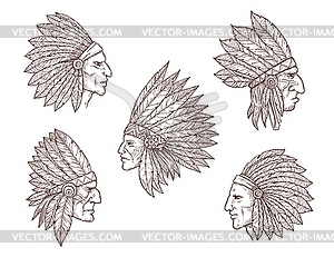 Native american indian chiefs with feathers - vector clipart