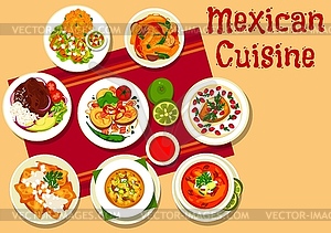 Mexican dishes with meat, vegetables, chilli sauce - vector image