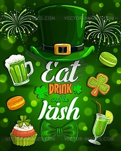 Food and drinks on St. Patricks day, hat and bow - vector clip art