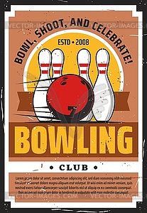 Bowling ball and pins on lane. Sport game club - vector image