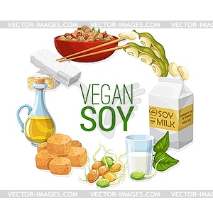 Soya beans, soy milk and oil, tofu, tempeh, meat - vector image