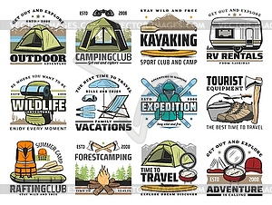 Camp tent, hiking boots, tourist backpack, skis - vector image