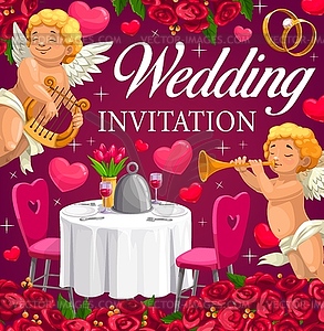Wedding marriage party invitation, hearts, flowers - royalty-free vector clipart
