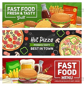 Fast food pizza, burger, fries and sandwich - vector image