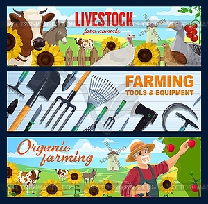 Farmer, farm animal, tool and equipment banners - vector image