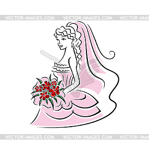 Bride in pink dress flat outline - vector image
