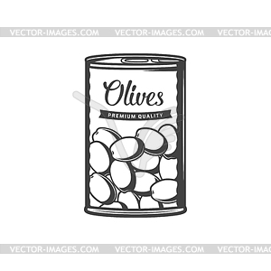 Green olives in metal tin can food snacks - vector clipart
