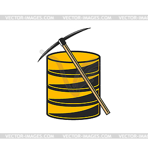 Pickaxe and stack of golden coins, bitcoin mining - vector image