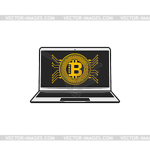 Notebook with bitcoin sign, cryptocurrency data - vector image